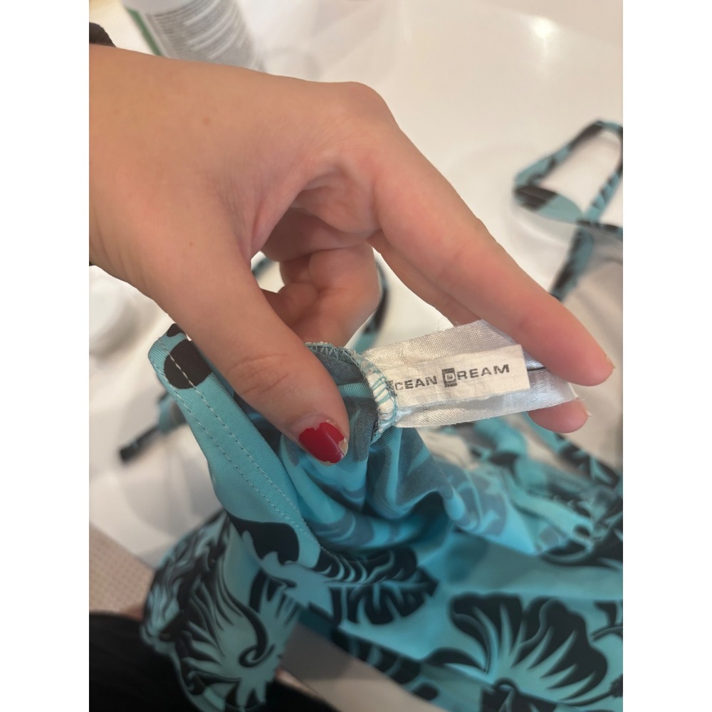 Ocean Dream Turquoise Black Hibiscus Floral O-Ring Tankini Swim Top Womens 10 - Picture 4 of 5